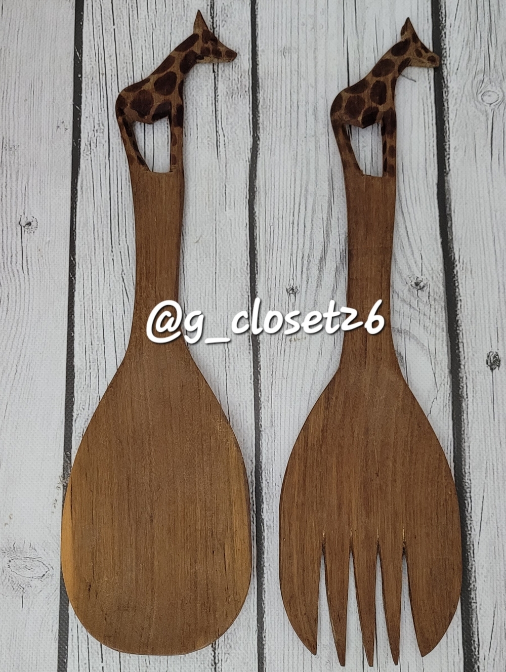 Hardwood Teak Spoon Fork Spatula Giraffe Handle Salad Serving Set